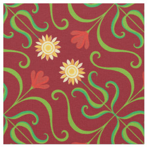 Colorful Floral Damask Sunflower Pattern Cute Folk Fabric