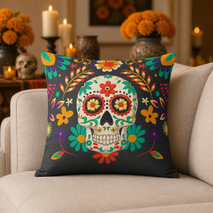 Colorful Floral Day of the Dead Sugar Skull Throw Pillow