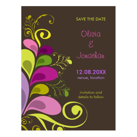 Colorful Floral Deco Leaves Save The Date Postcard