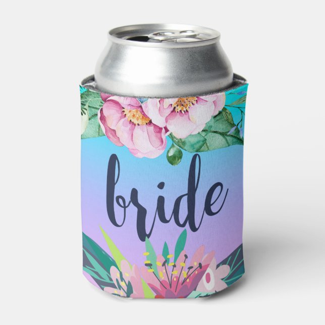 Colorful Floral Design & Bride Text Can Cooler (Can Front)