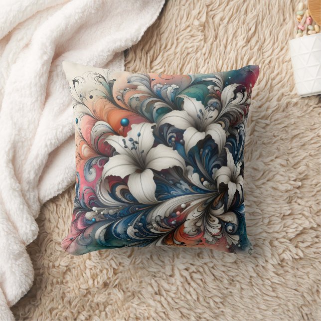 Colorful Floral Design With White Lilies Throw Pillow (Blanket)