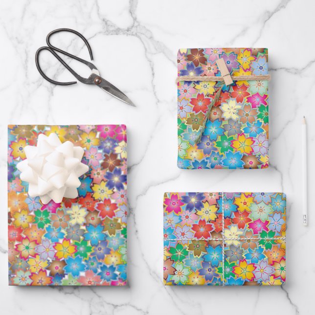 Colorful Floral Design Wrapping Paper Sheets (Front)