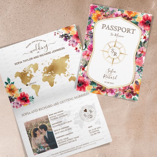 Colorful Floral Destination Wedding Passport Invitation