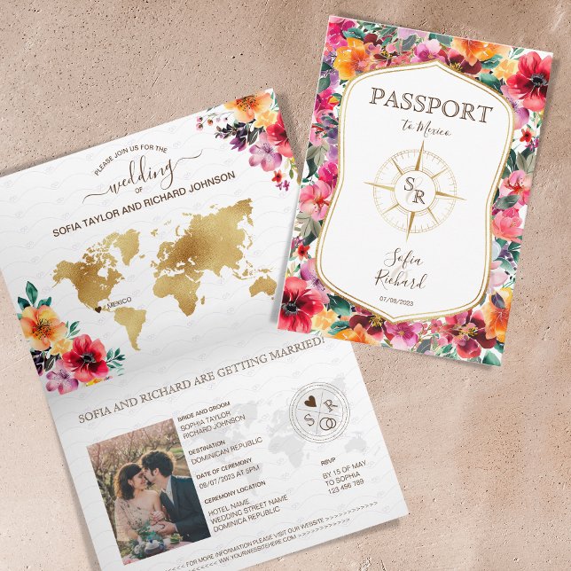 Colorful Floral Destination Wedding Passport Invitation (rustic colorful watercolor roses passport invitation)