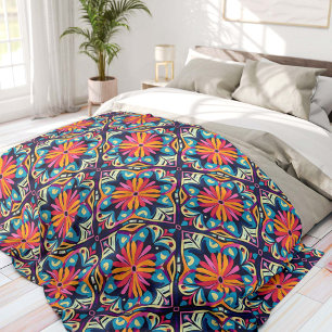 Colorful Floral Diamonds Bohemian Fleece Blanket