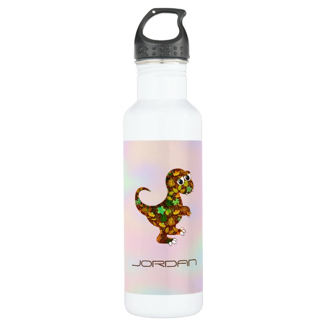 Colorful Floral Dinosaur Stainless Steel Water Bottle (Front)