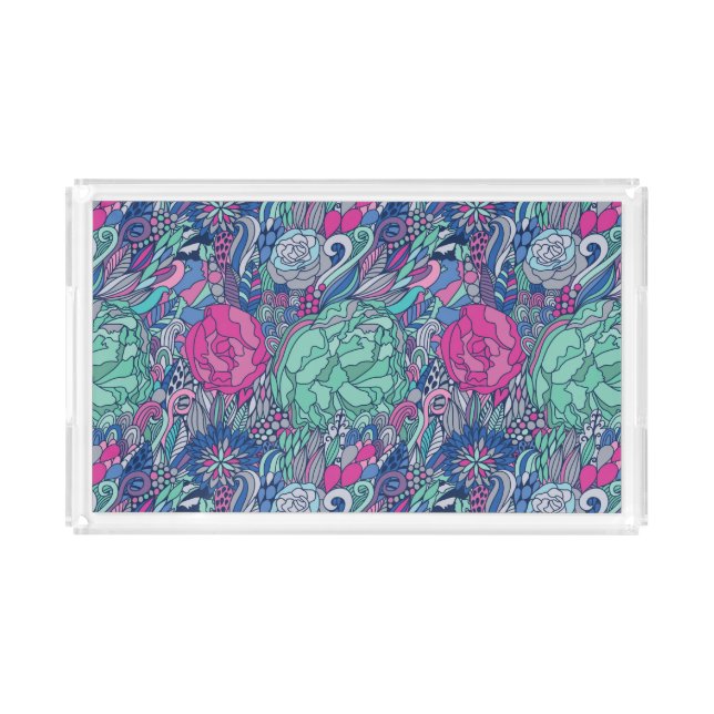 Colorful Floral Doodle Pattern Acrylic Tray (Front)