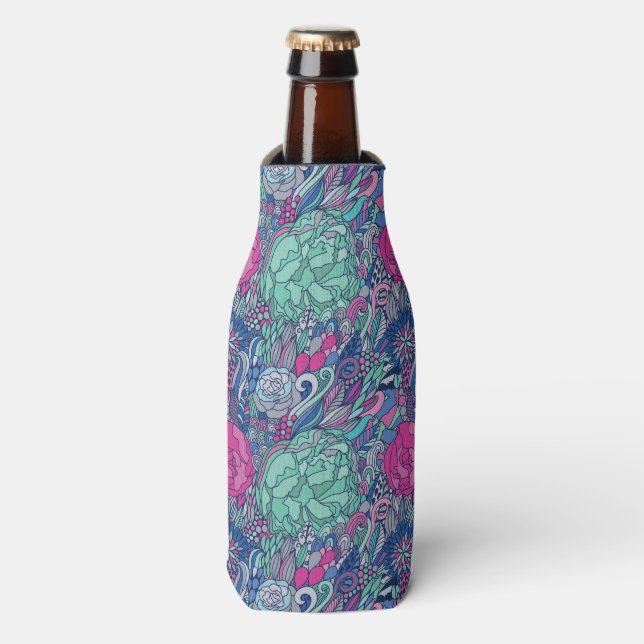 Colorful Floral Doodle Pattern Bottle Cooler (Bottle Front)