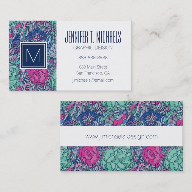 Colorful Floral Doodle Pattern Business Card (Front/Back)