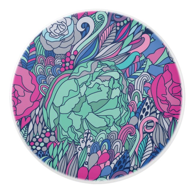 Colorful Floral Doodle Pattern Ceramic Knob (Front)