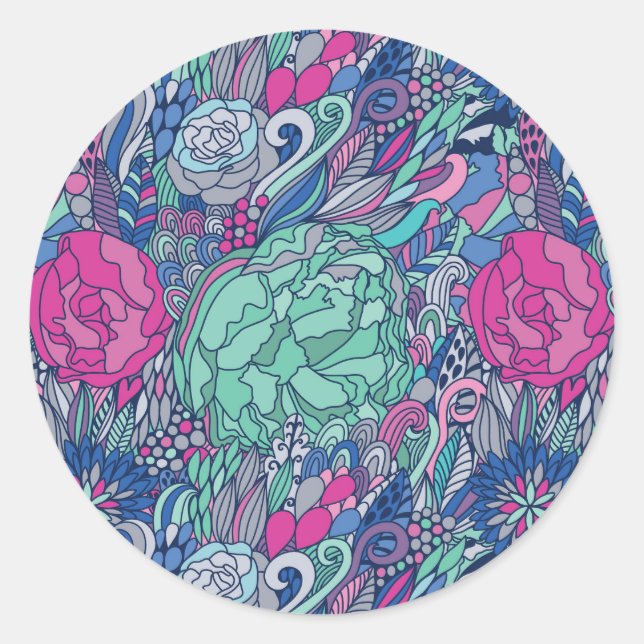 Colorful Floral Doodle Pattern Classic Round Sticker (Front)
