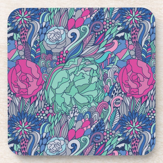 Colorful Floral Doodle Pattern Coaster (Front)