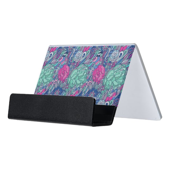 Colorful Floral Doodle Pattern Desk Business Card Holder (Angled Front)