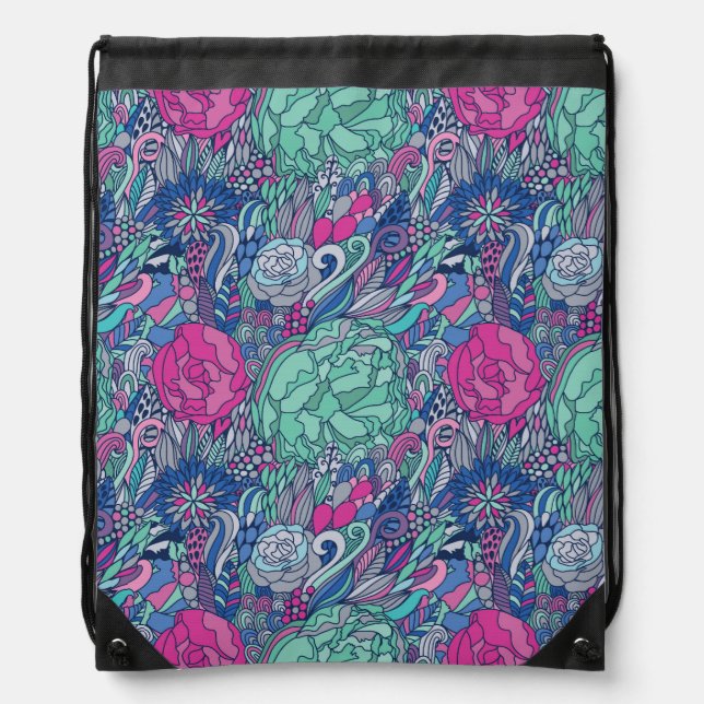 Colorful Floral Doodle Pattern Drawstring Bag (Front)