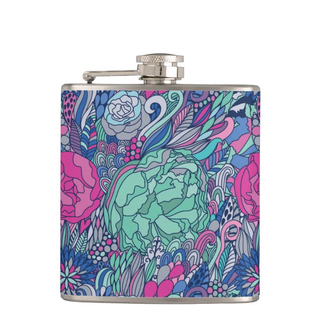 Colorful Floral Doodle Pattern Flask (Front)