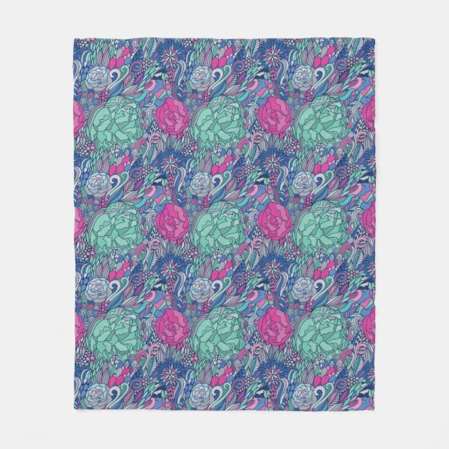 Colorful Floral Doodle Pattern Fleece Blanket (Front)