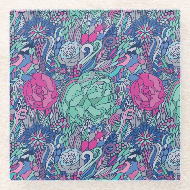 Colorful Floral Doodle Pattern Glass Coaster (Front)