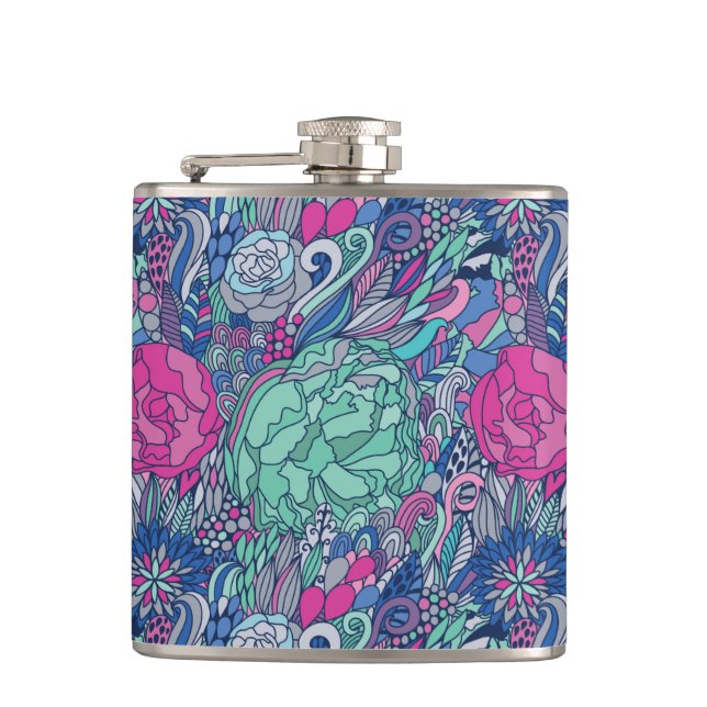 Colorful Floral Doodle Pattern Hip Flask (Front)