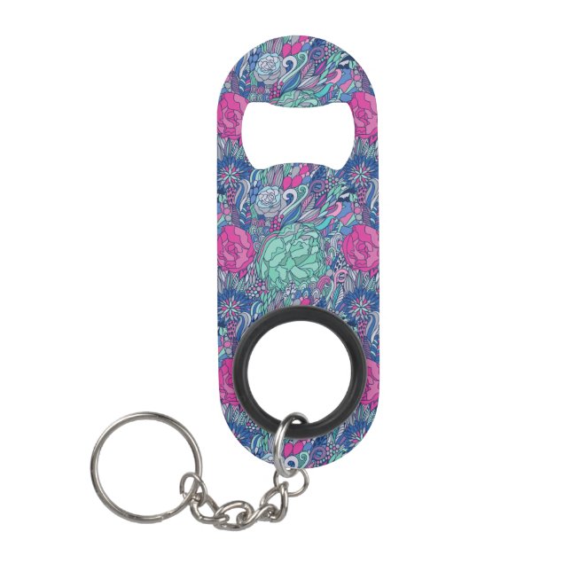Colorful Floral Doodle Pattern Keychain Bottle Opener (Front)