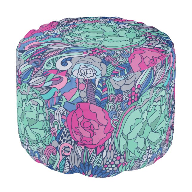 Colorful Floral Doodle Pattern Pouf (Angled Front)