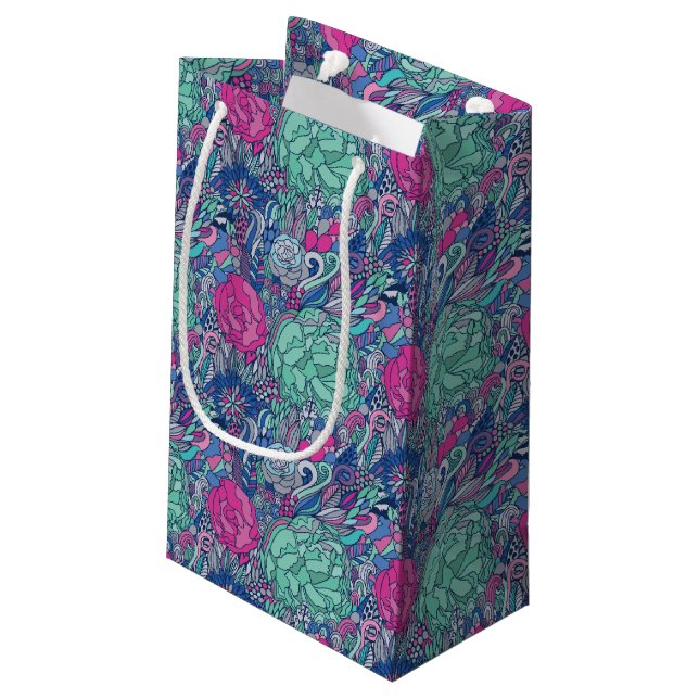 Colorful Floral Doodle Pattern Small Gift Bag (Back Angled)