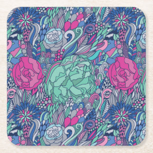 Colorful Floral Doodle Pattern Square Paper Coaster