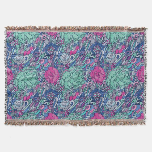Colorful Floral Doodle Pattern Throw Blanket (Front)
