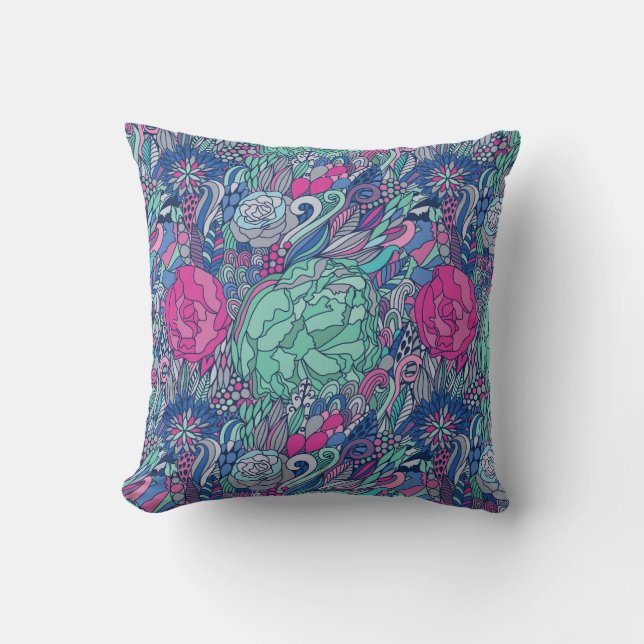 Colorful Floral Doodle Pattern Throw Pillow (Front)