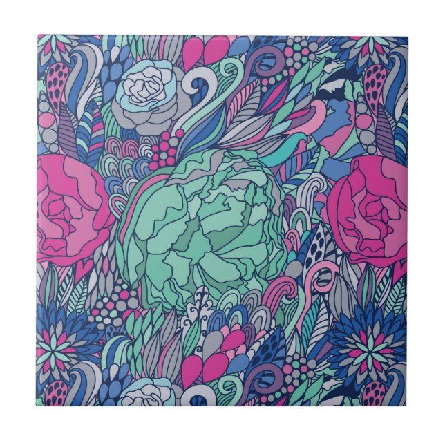 Colorful Floral Doodle Pattern Tile (Front)