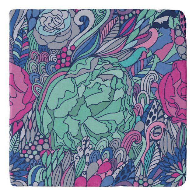 Colorful Floral Doodle Pattern Trivet (Front)