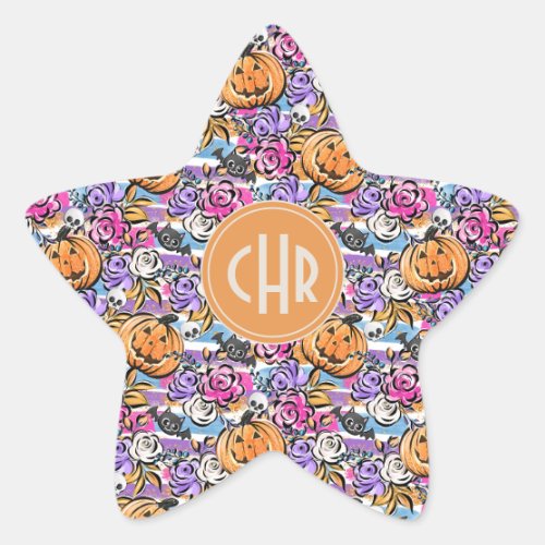 Colorful Floral Doodle with Jack_O_Lantern Star Sticker