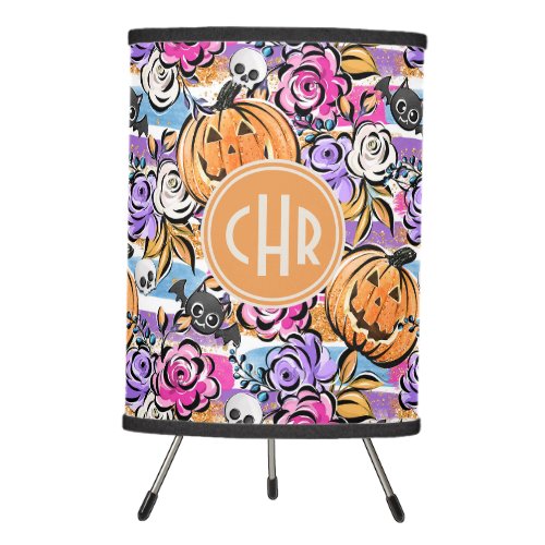 Colorful Floral Doodle with Jack_O_Lantern Tripod Lamp