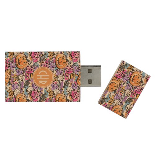 Colorful Floral Doodle with Jack_O_Lantern Wood Flash Drive