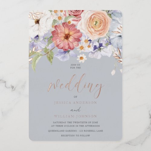 Colorful Floral Dusty Blue Wedding Rose Gold Foil Invitation