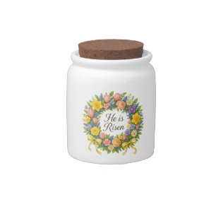 Colorful Floral Easter He is Risen wreath Candy Jar