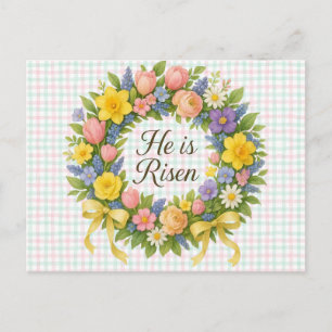 Colorful Floral Easter He is Risen wreath Holiday Postcard