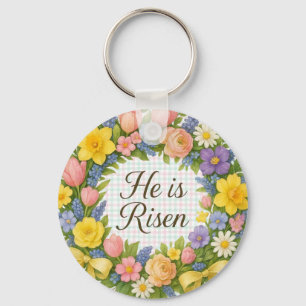 Colorful Floral Easter He is Risen wreath Keychain