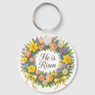 Colorful Floral Easter He is Risen wreath Keychain