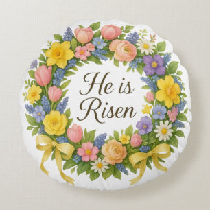 Colorful Floral Easter He is Risen wreath Round Pillow