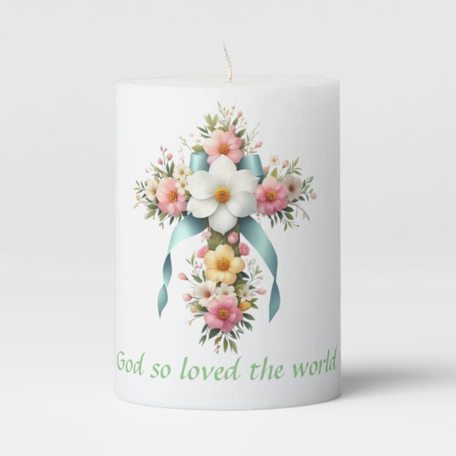 Colorful Floral Easter/Spring Cross Pillar Candle (Front)