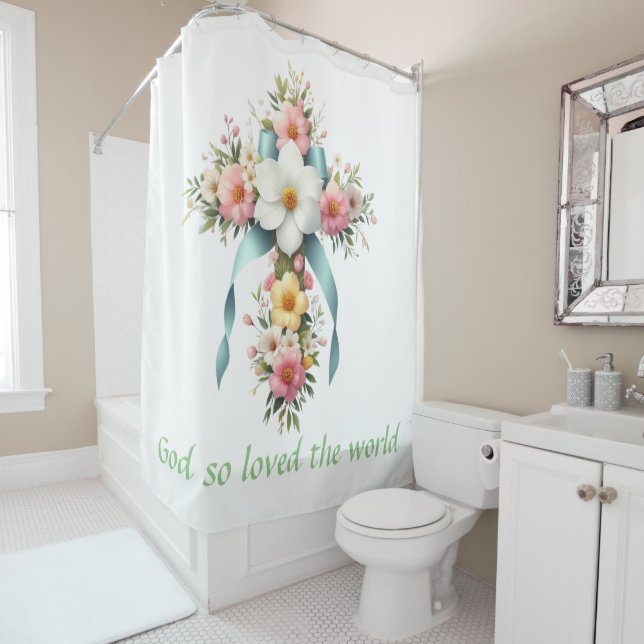 Colorful Floral Easter/Spring Cross Shower Curtain (In Situ)