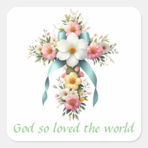 Colorful Floral Easter/Spring Cross Square Sticker