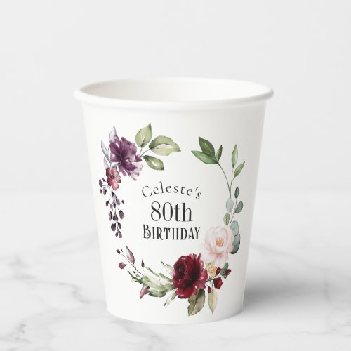 Colorful Floral Elegant 80th Birthday Paper Cups