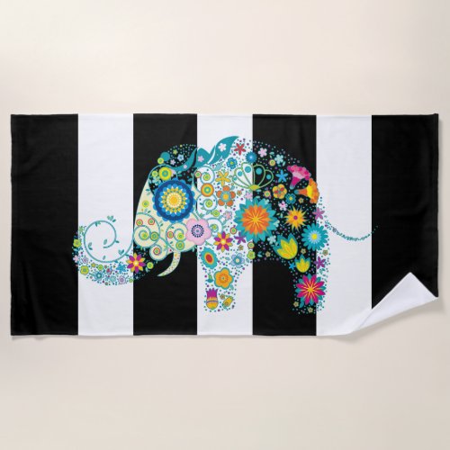 Colorful Floral Elephant  Black  White Stripes Beach Towel