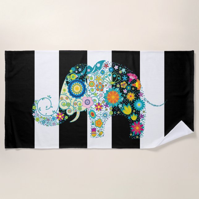 Colorful Floral Elephant & Black & White Stripes Beach Towel (Front)