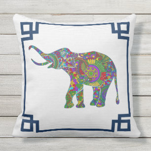 Colorful Floral Elephant Blue Frame Outdoor Pillow
