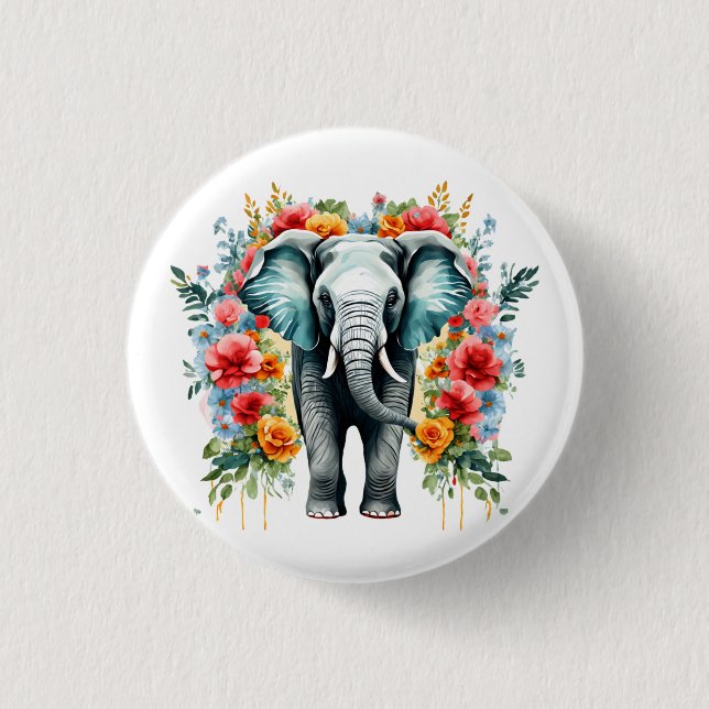 Colorful Floral Elephant Button (Front)