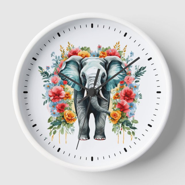 Colorful Floral Elephant Clock (Front)