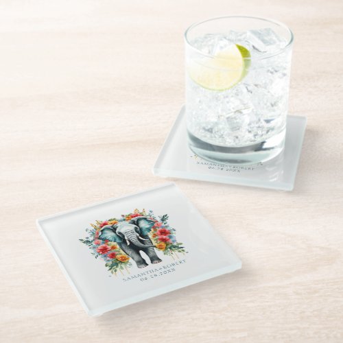 Colorful Floral Elephant Glass Coaster