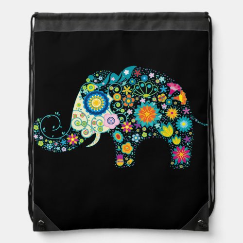 Colorful Floral Elephant Illustration Drawstring Bag